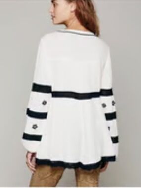 Free People White Peasant Embroidered Blouse with Black Bead Trim